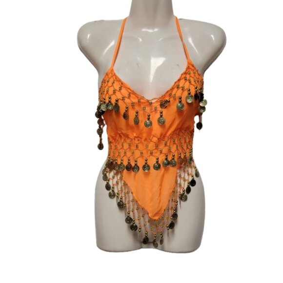Orange Belly Dance Top with Gold Coins Halter Crop Top - Picture 1 of 10